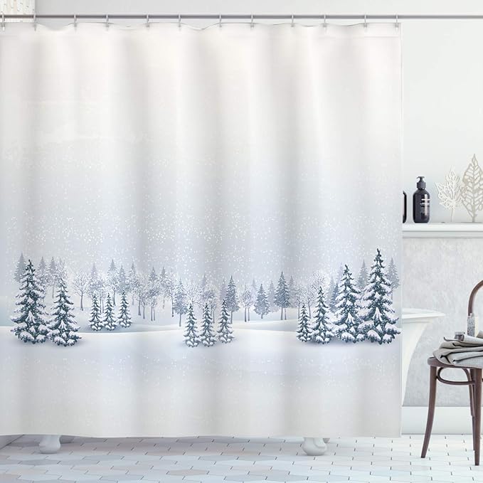 Ambesonne Winter Shower Curtain, Cold Season Scene in a Park Trees Foggy Misty Blurry Ice Freezing Weather Image, Cloth Fabric Bathroom Decor Set with Hooks, 69" W x 84" L, White
