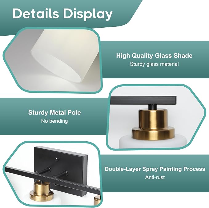 Ascher Bathroom Light Fixtures, 3-Light Vanity Light Over Mirror, Black and Gold Wall Sconces with Milky White Frosted Glass Shades, Wall Lamp for Living Room Bedroom, E26 Base(Bulbs Not Included)