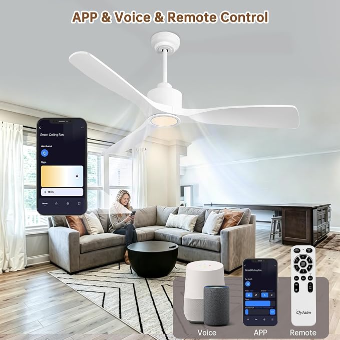 Ovlaim 52 Inch Modern White Ceiling Fan with Lights and Remote High CFM | 3 Blade Smart Ceiling Fan, ETL Listed Quiet Reversible DC Motor,Dimmable 3 Color Light,For Bedroom Living Room Garage Outdoor