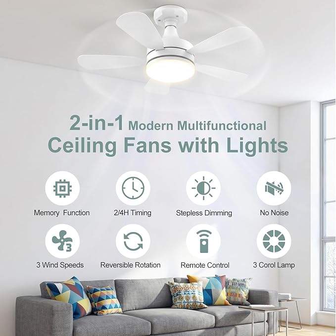 17.7" Socket Fan Light, 3000 Lumens Small Ceiling Fans with Lights and Remote, E26/E27 Light Bulb Fan with Reversible Motor, Dimmable 3000K-6500K Light Socket Fan for Bedroom Kitchen Garage