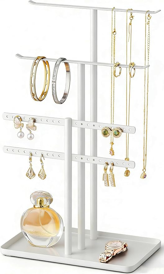 pickpiff Jewelry Stand Organizer, 14.5" Tall Sturdy Metal, 3-TierJewelry Holder for Necklace, Earring, Bracelet, Ring, Hanger for Display and Storage, Aesthetic Room Decor, White