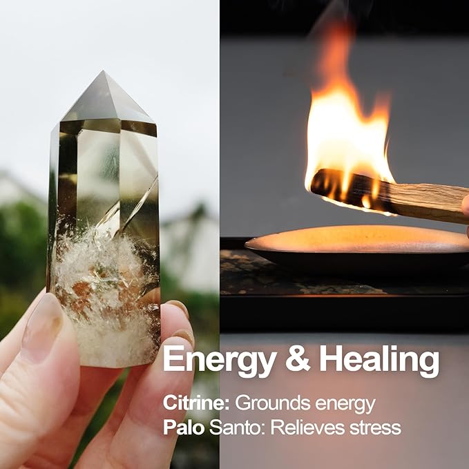 Zen Heal Tabletop Ritual Set – Goblet with Citrine, Preserved Fern & Dehua Gold-Glazed Teacup, Bamboo Tray & Palo Santo | Meditation Décor, Feng Shui Crystal Gift Box for Home or Office