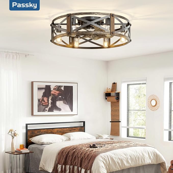Passky 24" Farmhouse Flush Mount Ceiling Fans with Lights and Remote, Industrial Black Caged Low Profile Fandelier, 6 Speeds Bladeless Ceiling Fan for Bedroom, Kitchen, Living Room