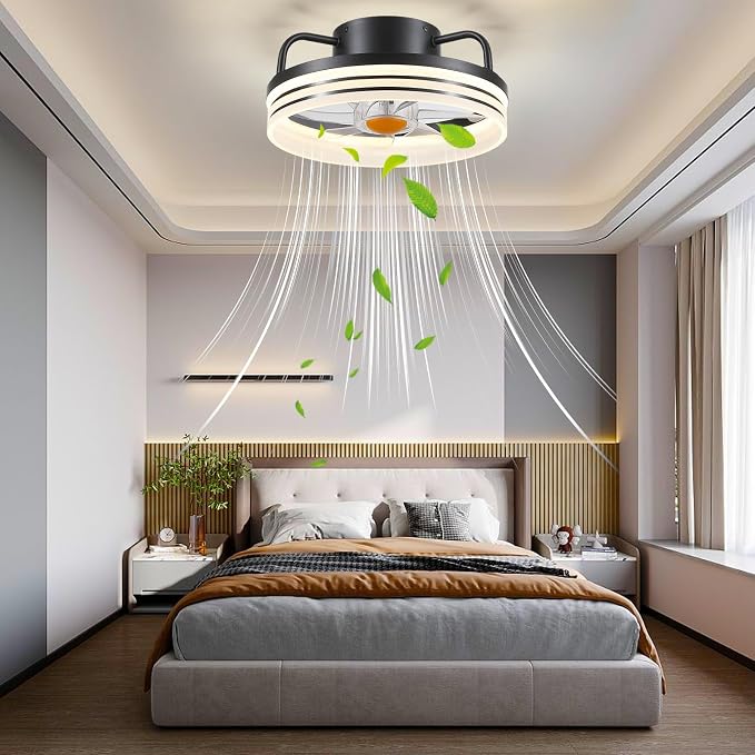 Mpayel Ceiling Fans with Lights and Remote - Flush Mount Low Profile Ceiling Fans - 13” Bladeless Enclosed Ceiling Fans with Led Light and Stepless Dimming, Small Modern Ceiling Fan for Bedroom