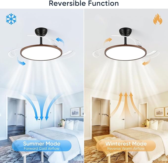48 Inch Retractable Ceiling Fan with Lights, Fandelier Ceiling Fan for Bedroom Living Room Dinning Room, Chandelier with Fan 6 Speed, 3 Color Temperature, Reversible DC Motor-Black