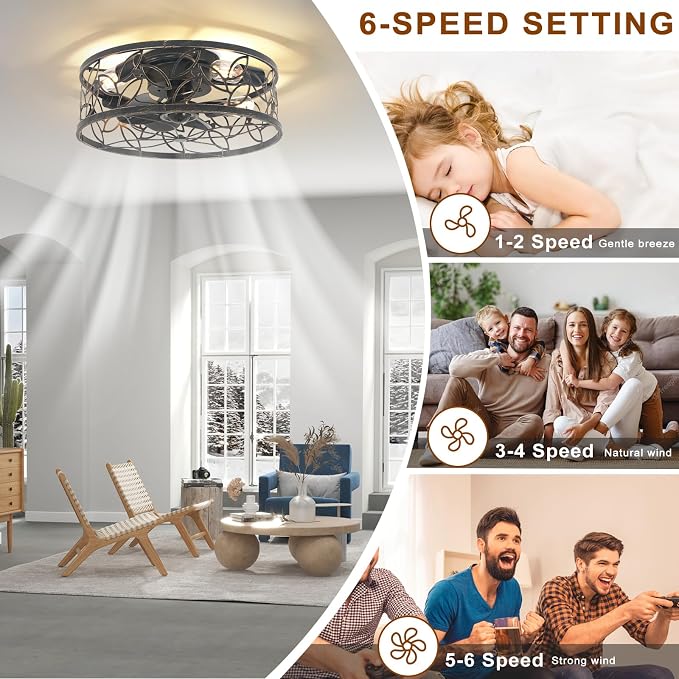 Garwarm Caged Ceiling Fan with Light,18in Rustic Industrial Ceiling Fans with Lights and Remote,Bladeless Fandelier Ceiling Fan,Small Flush Mount Ceiling Fan for Kitchen,Bedroom(6 Speed,Timing)-Bronze