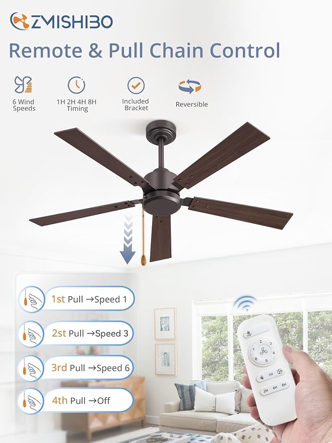 ZMISHIBO 52 Inch Ceiling Fan without Light, Farmhouse Ceiling Fan with Remote & Pull Chain, 6-Speeds, Quiet DC Motor, Brown Ceiling Fan no Light for Bedroom, office, Patio, Indoor/Outdoor Use