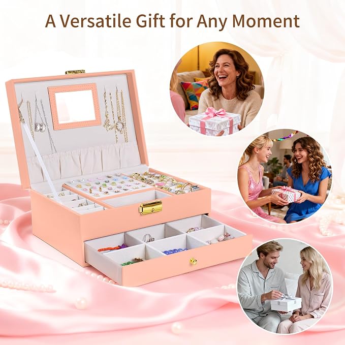 coobest Jewelry Box, 2 Layer Jewelry Organizer with Velvet Earring Organizer, Jewelry Holder Organizer Travel, White Jewelry Boxes for Women, Jewelry Boxes & Organizers for Girls, pink