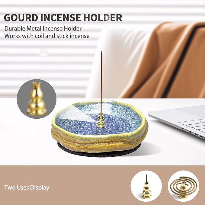 Handmade Ceramic Incense Burner, Ash Catcher for Sticks, 9 Incense Holes Suitable for Most Types, Cones, Palo Santo & Sage, Ideal for Meditation, Incense Smudging, and Home Decor (Blue Crystal)