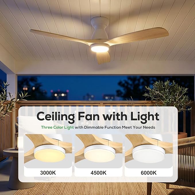 52 inch Smart Flush Mount Ceiling Fan with Lights,Outdoor Low Profile Wood Ceiling Fan with lights Works with App&Alexa/Gg Voice Control&Remote,Quiet DC Motor for Covered Patio Porch,Nature Wood