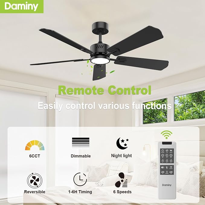 DAMINY 52 inch Ceiling Fan with Light,6CCT,5 Blade,Low Profile Ceiling Fan with Light and Remote Control,Downrods,Black,Living Room,Indoor/Outdoor Use