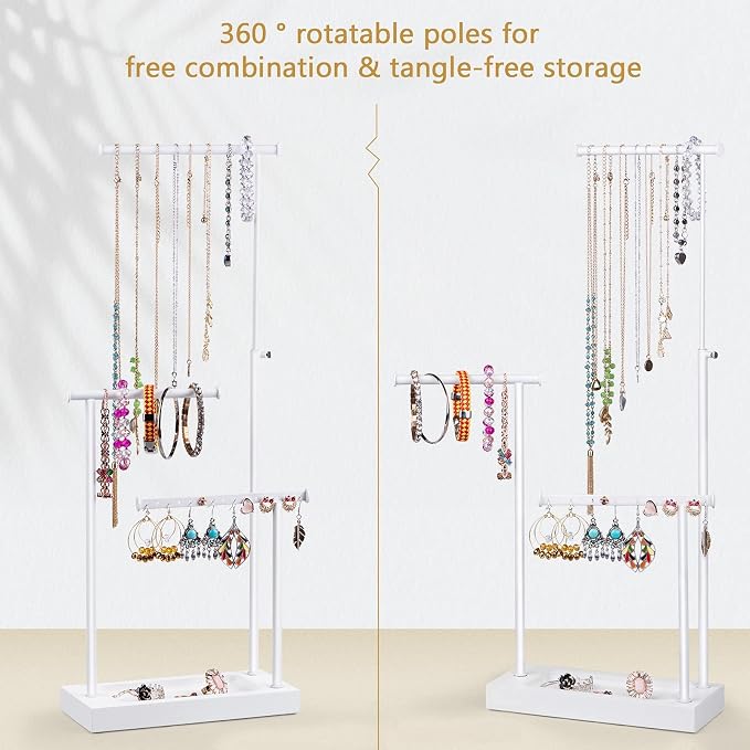 SRIWATANA White Jewelry Organizer Stand, Extra Tall 3-Tier Necklace Holder | Elegant Jewelry Tree with WoodenTray; Ideal to Organize Long Necklaces, Rings, Earrings