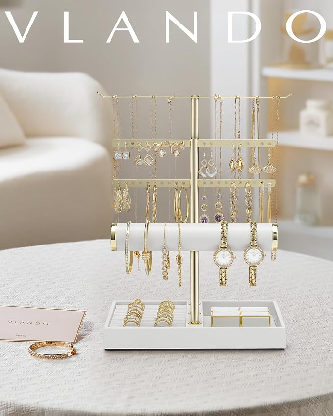 VLANDO 3 Tier Jewelry Stand Organizer with Tary, Leather Jewelry Holder Display for Women, Gold Jewlery Holder Display for Necklace, Earring, Bracelet, Rings - White