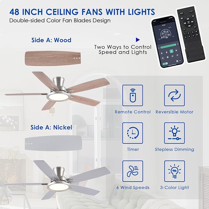 BYKISTOK 52" RGB Ceiling Fan with Light and Remote/App - Flush Mount Ceiling Fan Light with Reversible Mute Motor, RGB Ring, 5 Dual-Sided Blades, Low Profile Ceiling Fans for Indoor, Party