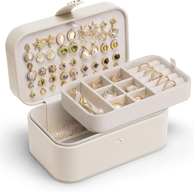 VLANDO Travel Jewelry Case, 2-Layer Jewelry Box, Portabel Travel Organizer for Necklaces, Earring, Bracelets, Ring, Watch - Large Capacity Travel Jewelry Storage - Cloud White