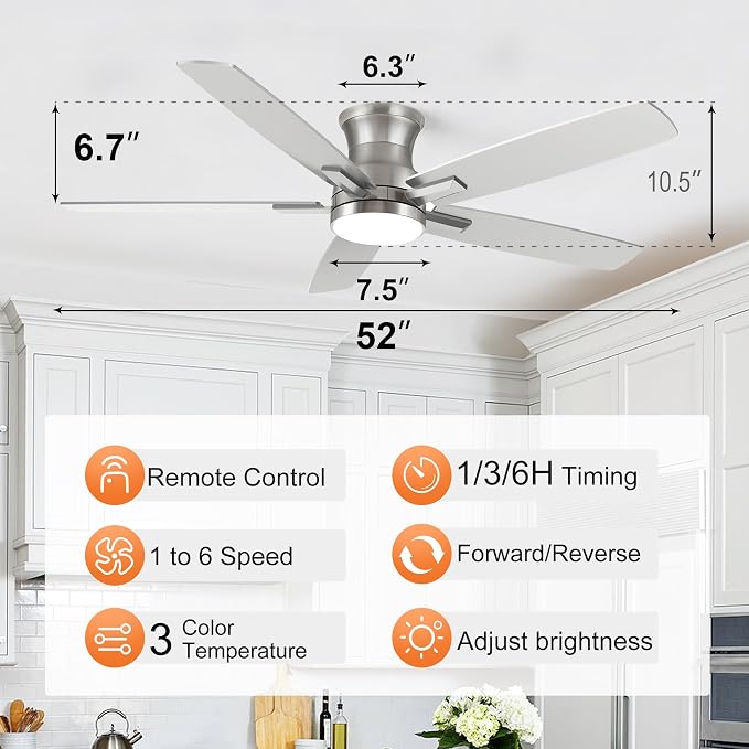 52 Inch Flush Mount Brushed Nickel Ceiling Fan with Light and Remote Control.Noiseless,Dimmable,3CCT,6 Speeds Reversible, Low Profile DC Ceiling Fans for Indoor or Covered Outdoor Use,ETL Listed