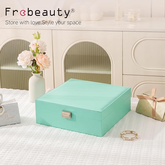 Frebeauty 50 Grid Earring Holder Organizer,2 Layer Jewelry Box for Women | Faux Leather,Velvet Lining,Adjustable Divider,Jewelry Organizer for Ring Necklace and Bracelet,for Home Use and Jewelry Store