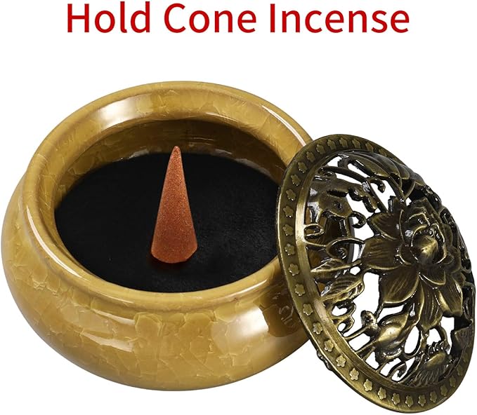 Miupoo Incense Burner and Cone Incense Holder with Brass Incense Stick Holder Ceramic Ash Catcher,Yellow