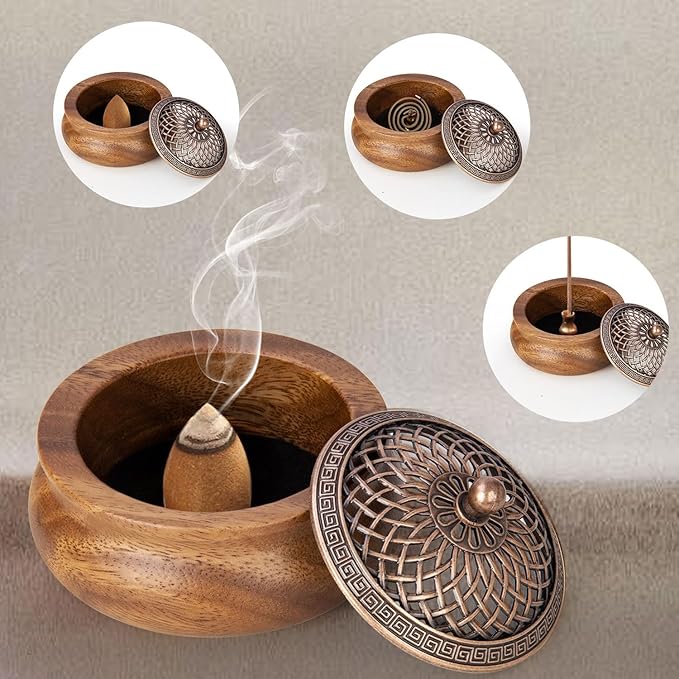 2 Pack Incense Cone Holder, Retro Wooden Cone Incense Burner Holder with Brass Cover, Vintage Bakhoor Burner for Sticks Coil, Frankincense Room Home Decor Yoga Spa Meditation (P)