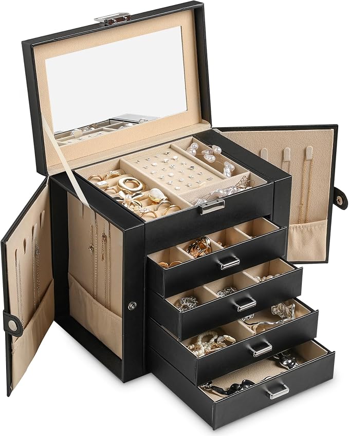 Frebeauty 5-Layer Jewelry Box for Women,Jewelry Organizer with 4 Drawers | Faux Leather,Built-in Mirror,Spacious Jewelry Storage,16 Necklace Hooks,Organizing by Category for Rings Earrings Bracelet