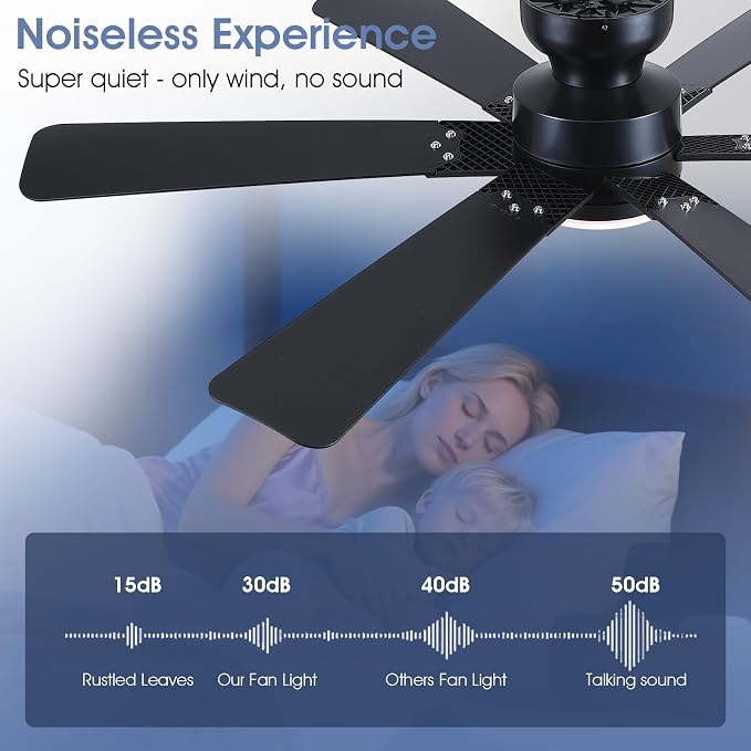 52"6 Blades Black Low Profile Flush Mount Ceiling Fans with Lights Remote | Super Large Airflow with 6 Wind Speeds, Reversible, Dimmable 3CCT LED, 30W Quiet DC Motor,Suits for Bedroom Kitchen