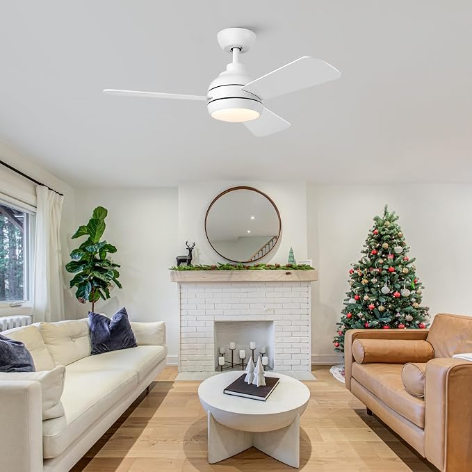 42 Inch Downrod Ceiling Fan with Light, 3 Wood Blades, White | Remote Control,Reversible Quiet DC Motor,Wood Blades,6-Speed,3CCT Dimmable LED for Bedroom,Living Room