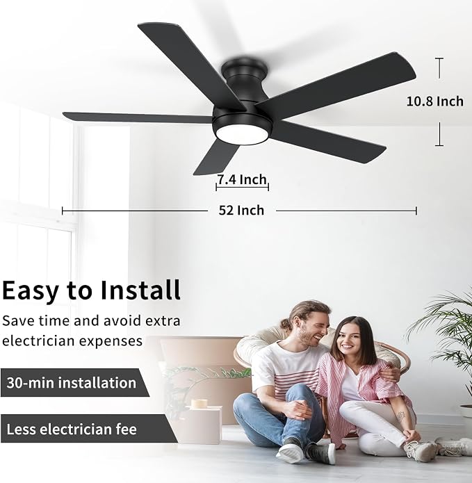POCHFAN 52 Inch Black Ceiling Fans with Lights and Remote, LED Low Profile Flush Mount Ceiling Fan for Bedroom, Living Room, with Quiet DC Motor, Dimmable 6 Speeds