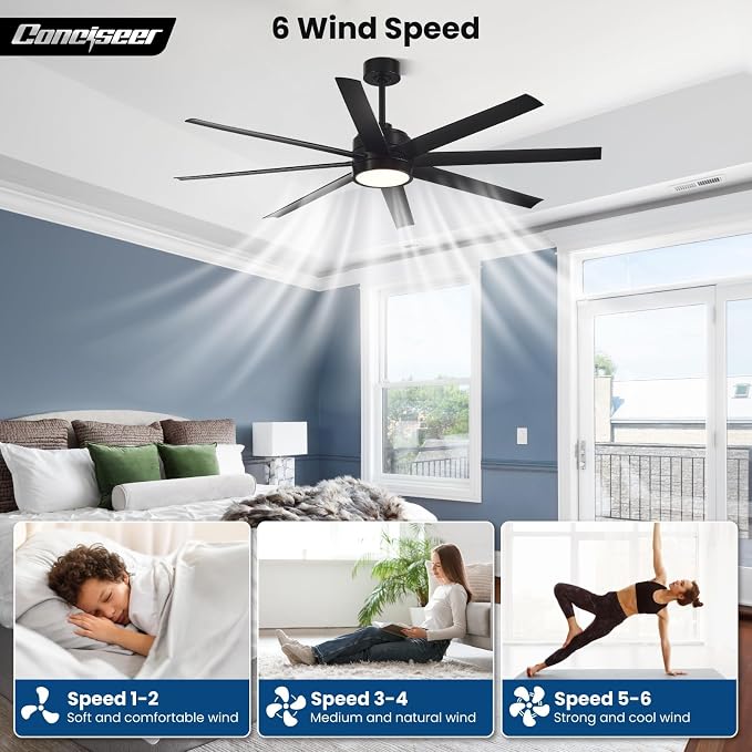 Modern Ceiling Fans with Lights, 65 Inch Ceiling Fan with Light and Remote for Bedroom Living Room Kitchen Office, Indoor/Outdoor Use, 24W 6CCT 8 Blades 6 Speed Reversible Quiet DC Motor, Black