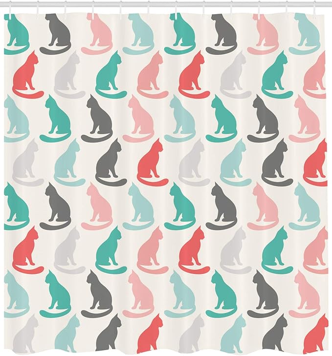 Ambesonne Cat Shower Curtain, Pattern of Sitting Cat Silhouettes Kitten Pet Repetition Simple Illustration, Cloth Fabric Bathroom Decor Set with Hooks, 69" W x 75" L, Turquoise Coral