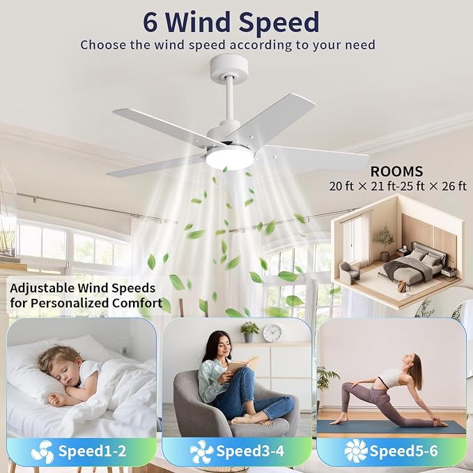 42 Inch Ceiling Fans with Lights and Remote for Bedroom Living Room Kitchen Home Office Indoor/Outdoor, 6CCT Dimmable, Dual Color 5 Blades, 6 Speed Reversible Quiet DC Motor, White/Wood Grain