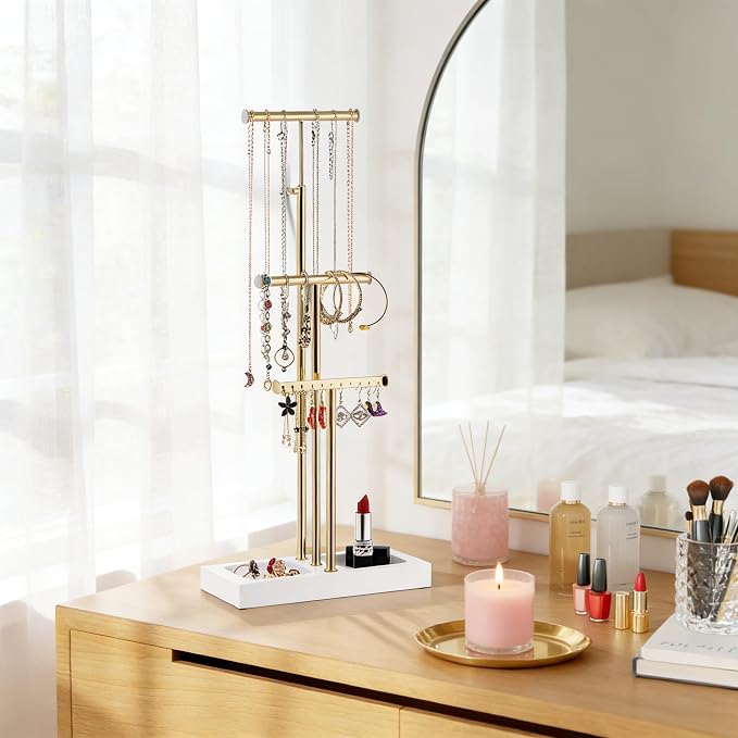 Love-KANKEI 3-Tier Jewelry Organizer Stand,Adjustable Height,White/Gold | Metal Rod,Solid Wood Base,Easy to Install,Tree Style,Display Long Necklaces,Bracelets,Earrings,Rings,Watches,Bangles,Gift