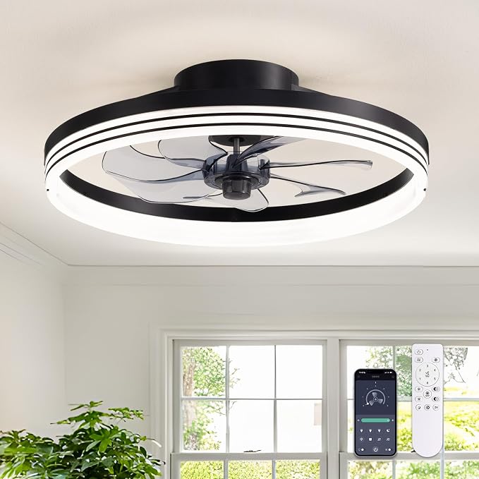 LUDOMIDE Ceiling Fans with Lights and Remote, 18'' Modern Low Profile Ceiling Fan, Dimmable LED Light, 6 Wind Speeds Flush Mount Ceiling Fans for Bedroom