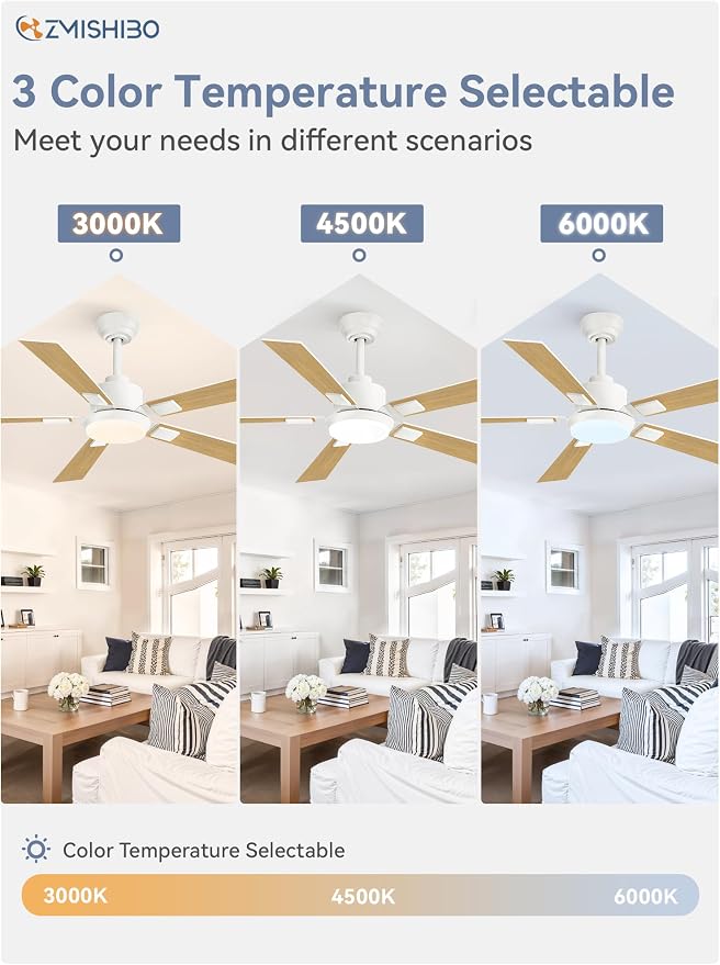 ZMISHIBO 52 inch White Ceiling Fans with Lights and Remote, Indoor/Outdoor Modern Ceiling Fan for Bedroom Living Room Patio, 6 Speed Reversible Quiet DC Motor, 3 CCT, Dual Finish Blades