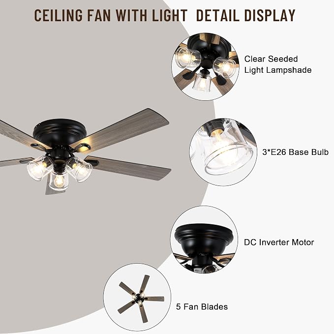 52" Flush Mount Ceiling Fan with Lights and Remote Control | Farmhouse Ceiling Fan with Light,Reversible Quiet DC Motor,5 Wood Blades,3 Clear Glass Lights for Bedroom Living Room Kitchen