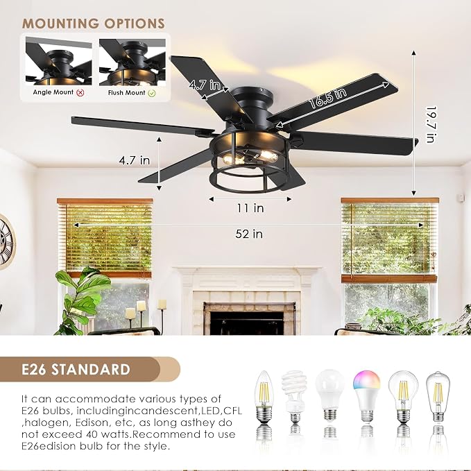 Hounberi 52" Caged Ceiling Fan with Lights and Remote, 6-Speed Quiet DC Motor & E26 Base, 6 Reversible Blades for Black & Wood, Modern Rustic Low Profile Ceiling Fans for Bedroom & Living Room
