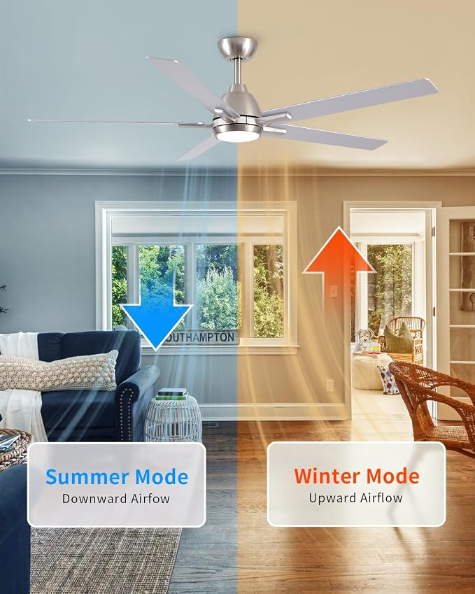 60 Inch Downrod Brushed Nickel Ceiling Fan with Light & Remote, ETL Listed | 6 Speed, Quiet DC Motor, 3-Level Timer Function, 3 Color Temperature, Forward/Reserve For all Seasons, Indoor/Covered Outdoor