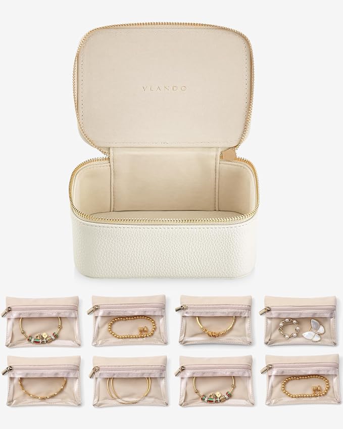 VLANDO Jewelry Travel Case,Travel Jewelry Organizer with Clear Velvet Jewelry Bags Zipper Pouch for Women Girl Gift- 8Pcs White