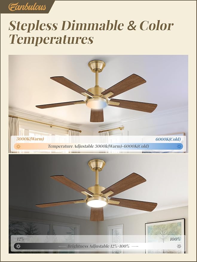 Fanbulous 42 Inch Black and Gold Ceiling Fans with Lights and Remote, Stepless Color Temperature Change & Dimmable 20W LED Ceiling Fan, 6 Speeds Reversible Quiet DC Motor for Bedroom, Living Room
