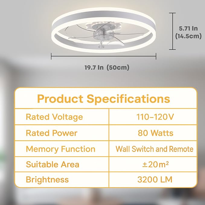 FSZDORJ 20'' Ceiling Fan with Light and Remote, Low Profile Ceiling Fan with Light, Dimmable Flush Mount Ceiling Fan Light, 6 Speeds Fan, App&Remote Control, Fandelier Quiet Fan for Bedroom F105 White