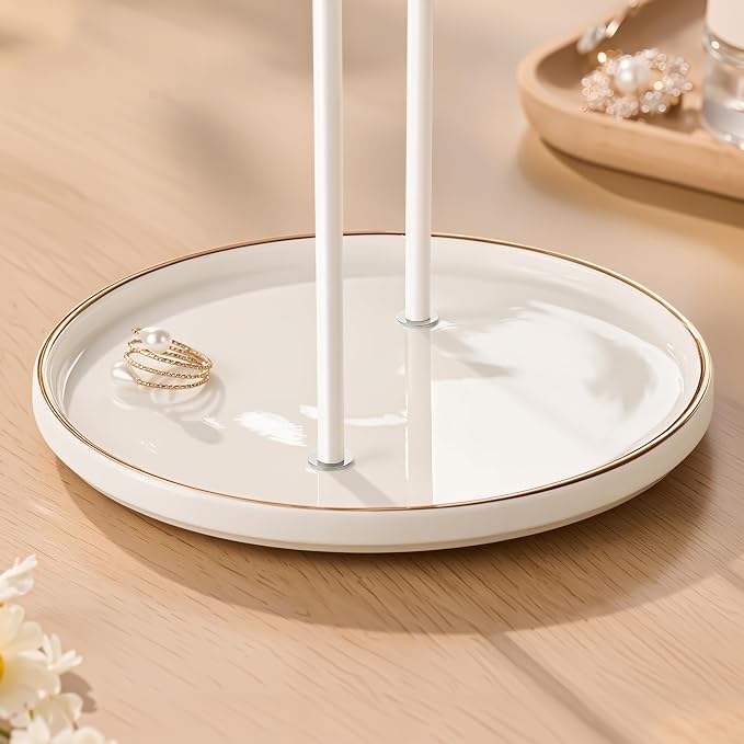 Jewelry Stand with Ceramic Tray, Necklace Holder, White Bar White Base | Ceramic Base, Gift for Women & Girls, Hanging Necklace Organizer Tree, Earrings, Bracelets, Rings, small