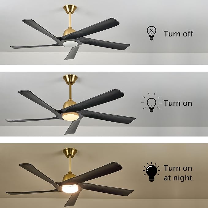 60 Inch Solid Wood Ceiling Fan with Light, Remote and APP Control, 3-color Dimmable, DC Motor, 6-speed Reversible,Outdoor/Indoor Ceiling Fans for Bedroom, Living Room, Black Gold