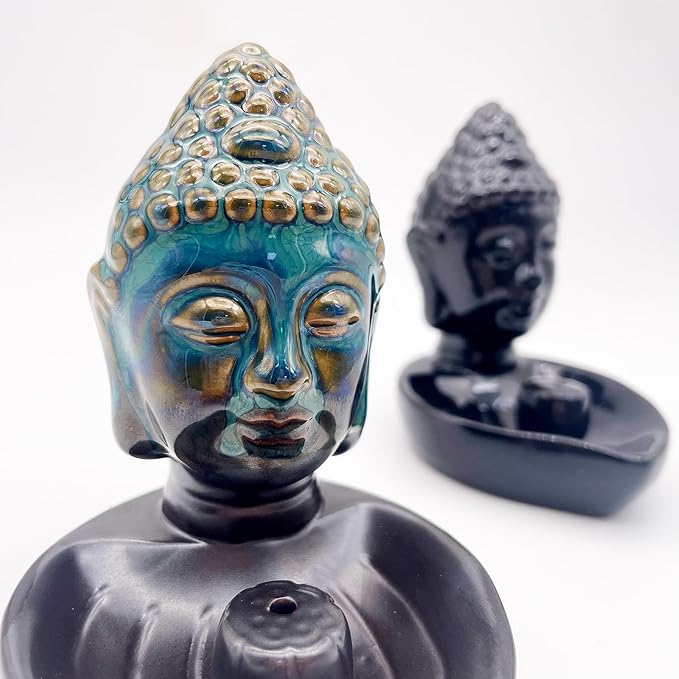 Buddha Head Incense Holder for Sticks, Small Ceramic Incense Burner Healing, Meditaiong, Zen, Timer of Spa or Yoga, with Ash Catcher (Blue)
