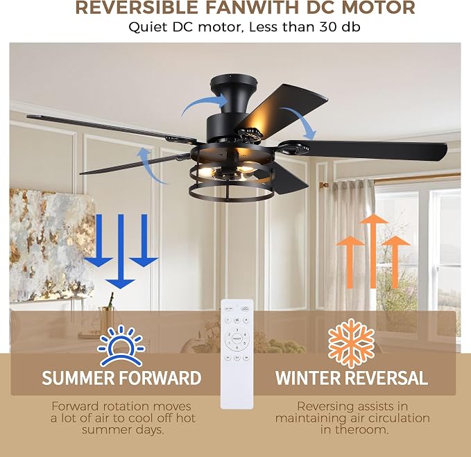 JSAITEE 52" Farmhouse Flush Mount Ceiling Fans with Lights, No Bulbs | Cage Fan Light with Dual-Sided Blades, 6 Speeds Reversible DC Motor, Rustic Low Profile Light for Bedroom, Living Room
