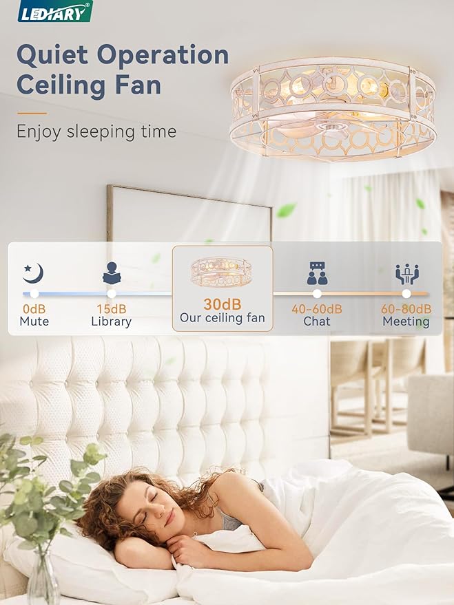 LEDIARY Caged Ceiling Fan with Light and Remote, 20in Small Low Profile Ceiling Fans with Lights, 6 Speed Farmhouse Flush Mount Ceiling Fan for Bedroom, Kitchen, Living Room-White and Gold
