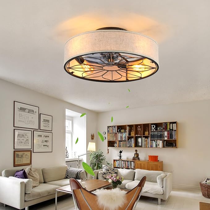 20" Flush Mount Caged Ceiling Fan With Light,Low Profile Fabric Farmhouse Bladeless Ceiling fan With Remote Control,Ceiling Fans with 6 Speeds Reversible Silent Fandalier for Bedroom