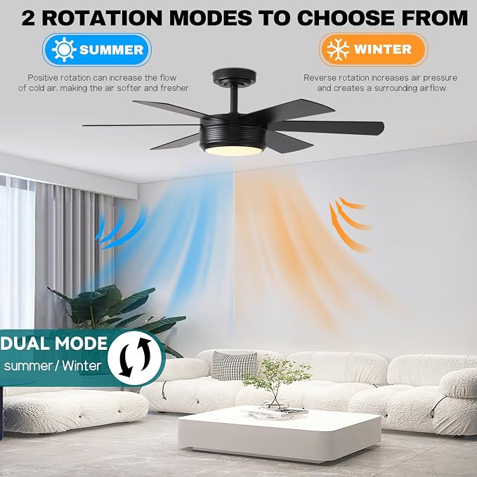 SHOWDI Black Ceiling Fans with Lights and Remote, Quick Installation, 42 in | 2 Blade Color, Metal Material, App Remote Control, Timer, Reversible, 3CCT, Dimmable for Bedroom, Living room, Indoor