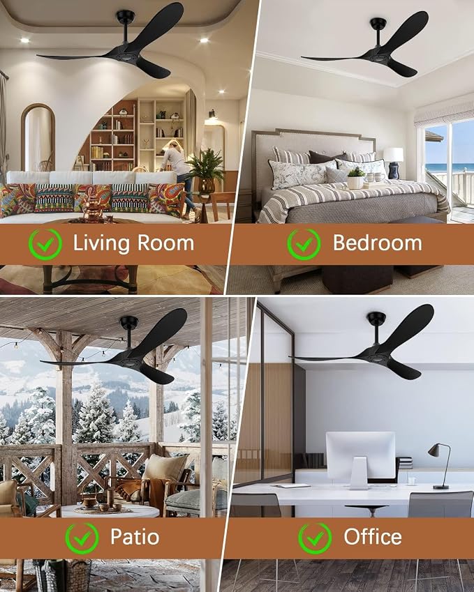 Obabala Black Ceiling Fan No Light, 52" Outdoor Fans for Patios/Porch/Bedroom/Kitchen with Remote, Noiseless, 3 Downrods, 6 Speed, Reversible DC Motor, Modern, 3 Blades, Timer