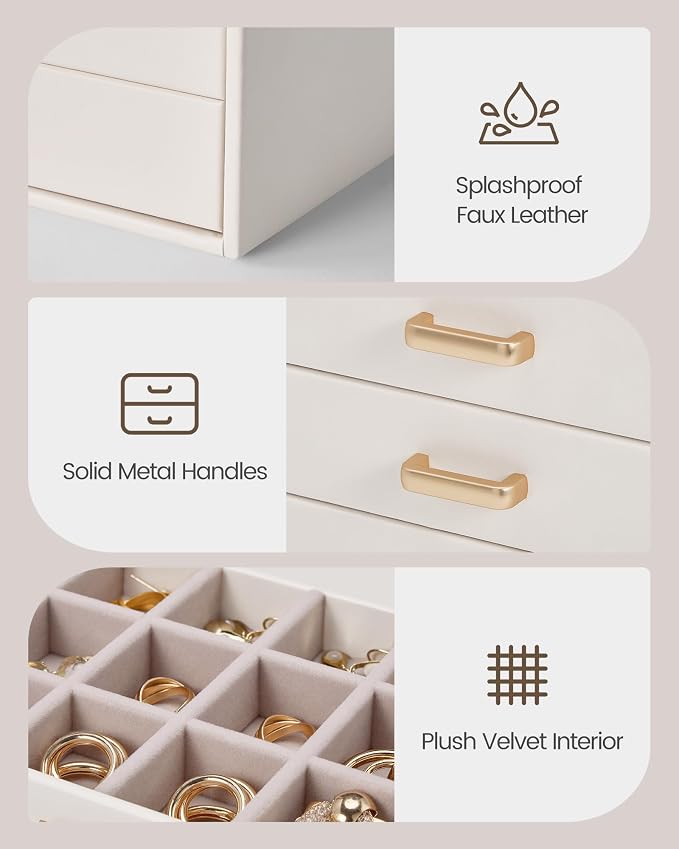 Lolalet Earring Organizer, Jewelry Box with Clear Lid -Beige, 5 Layer | PU Leather, Velvet, Removable Dividers, Dustproof, Easy Clean, For Studs Rings, Gift for Women Girls, Home Aesthetic Decor