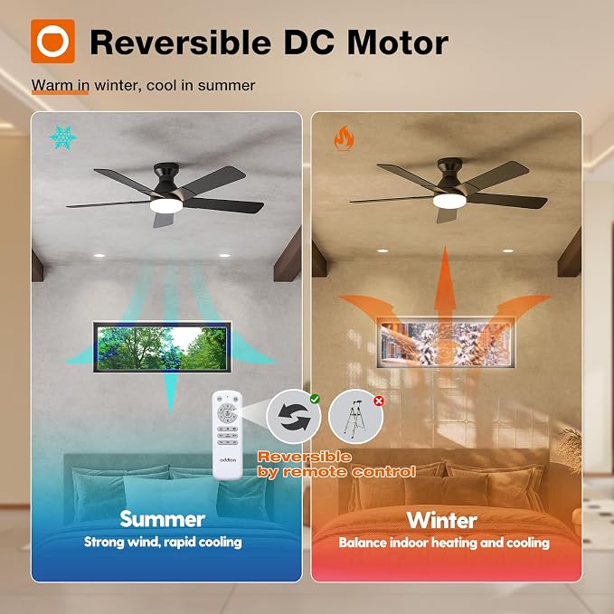 addlon Ceiling Fans with Lights, 52 inch Low Profile Ceiling fan with Light and Remote Control, Flush Mount, Reversible, 3CCT, Dimmable, Noiseless, Black Ceiling Fan for Bedroom, Indoor/Outdoor Use
