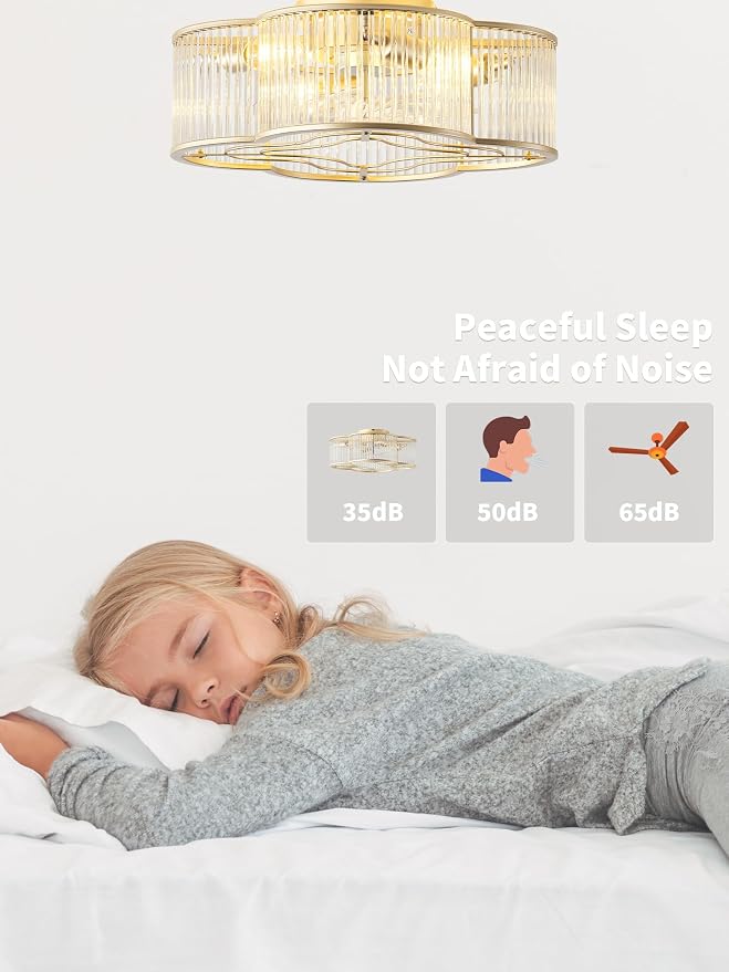 Boho Ceiling Fans with Lights, 20" Low Profile Ceiling Fan with Light Remote Control, Bladeless Flush Mount with 6 Speeds for Bedroom, Nursery, Living Room.